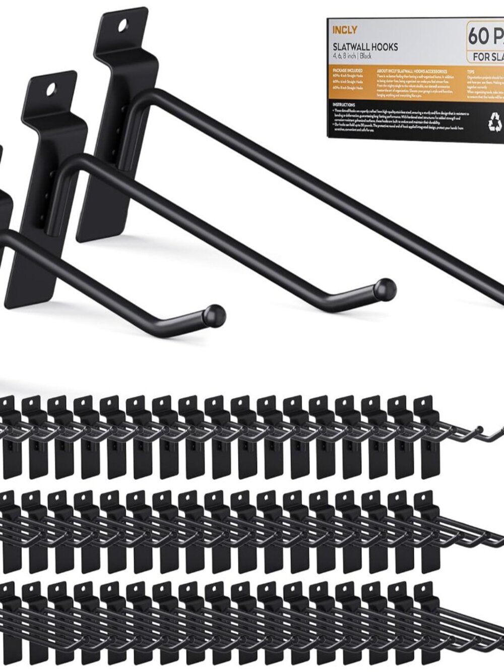 60 Pack Slatwall Hooks, 4/6/8 Inch Slat Wall Hanging Hook and Hanger